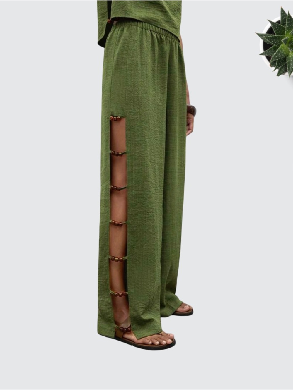 Olive Green Wide Leg Pants with Side Bead Cutouts